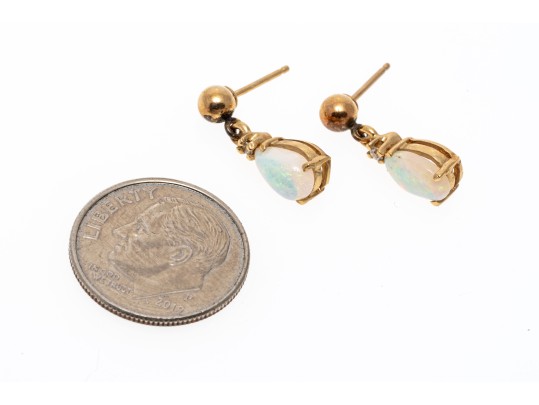 14k Yellow Gold Pretty Diamond Accented Pear White Opal Drop Pendant Earrings