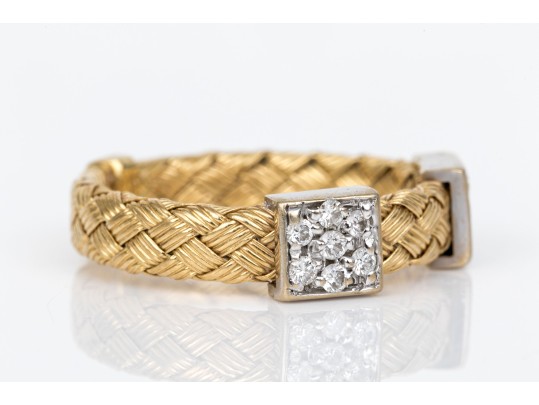 14k Yellow Gold Woven Pave Diamond Set Band Ring, App. 0.11 TCW, Size 4.5