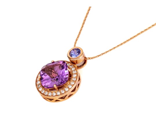 14k Rose Gold Stunning Amethyst, Diamond Halo And Tanzanite Pendant, With Chain