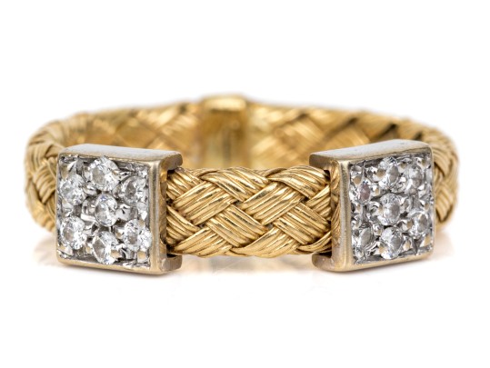 14k Yellow Gold Woven Pave Diamond Set Band Ring, App. 0.11 TCW, Size 4.5