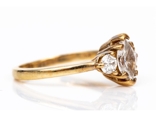 14k Yellow Gold Marquise And Round Diamond Three Stone Ring, App. 0.84 TCW, Size 6