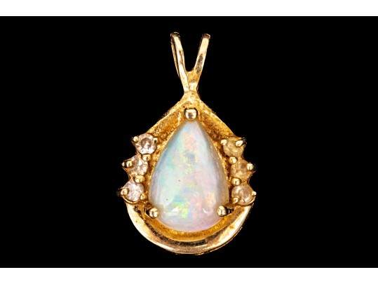14k Yellow Gold Retro Style White Sapphire And White Opal Set Pendant
