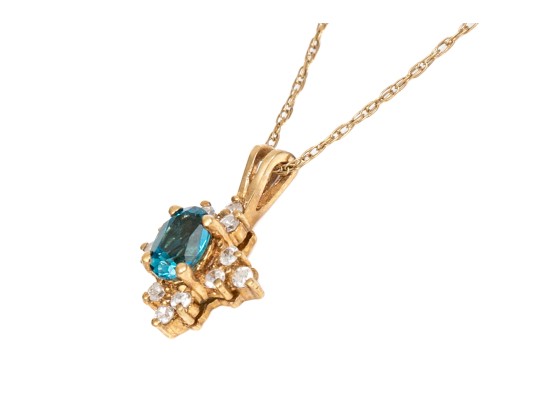 14k Yellow Gold Blue Topaz And Diamond Set Cluster Pendant With Gold Filled Chain, 0.12 TCW