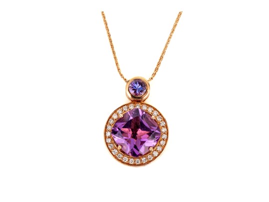 14k Rose Gold Stunning Amethyst, Diamond Halo And Tanzanite Pendant, With Chain