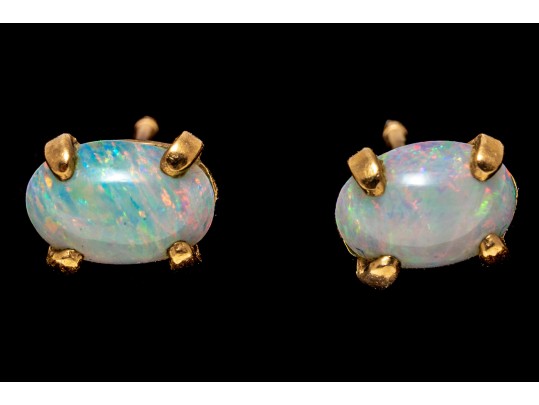 14k Yellow Gold Simple White Opal Stud Earrings