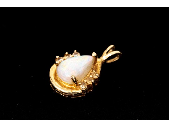 14k Yellow Gold Retro Style White Sapphire And White Opal Set Pendant