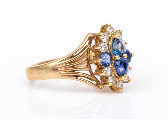 14k Yellow Gold Vintage Sapphire And Diamond Cluster Ring, App. 0.20 TCW, Size 7