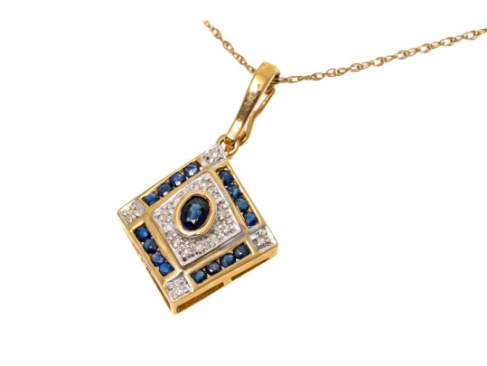 14k Yellow Gold Retro Sapphire And Diamond Set Pendant, With Chain