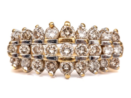 14k Yellow Gold Striking Three Row Diamond Dome Ring, App. 0.69 TCW, Size 5
