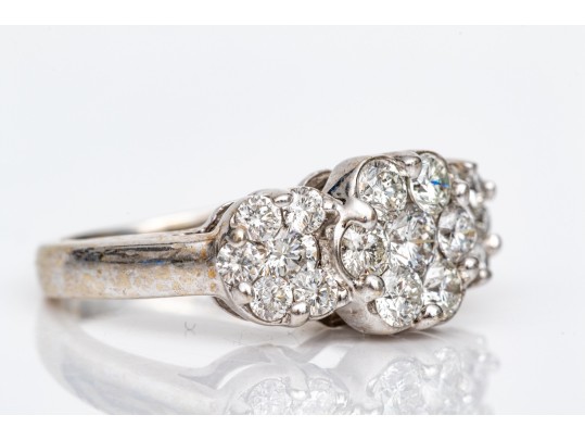 14k White Gold Beautiful Horizontal Diamond Cluster Ring, App. 0.74 TCW, Size 4.75