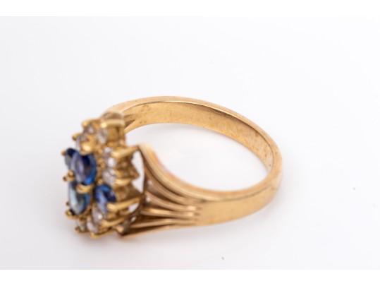 14k Yellow Gold Vintage Sapphire And Diamond Cluster Ring, App. 0.20 TCW, Size 7