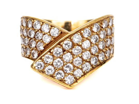 14k Yellow Gold Beautiful Pave Diamond Set Crossover Ring, App. 0.84 TCW, Size 3.75