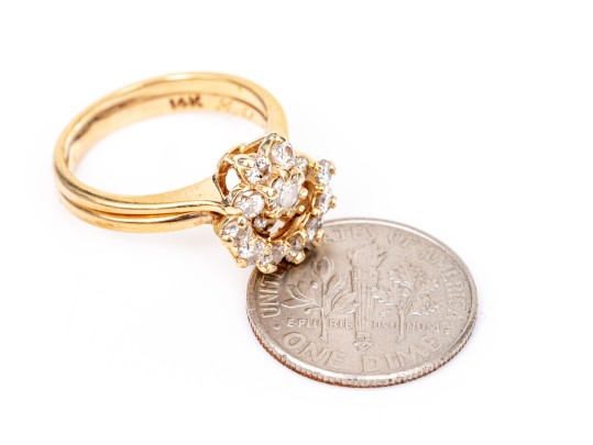 14k Yellow Gold Vintage Diamond And Guard Ring Cluster, Paired, App. 0.30 TCW, Size 5.5