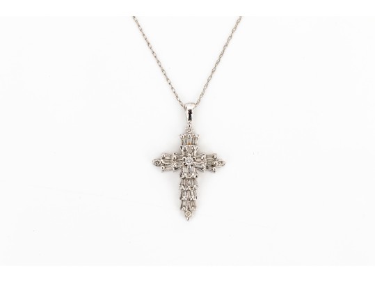 14k White Gold Striking Diamond Cluster Set Cross Pendant, App. 0.29 TCW, With Chain