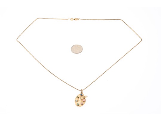 14k Yellow Gold Vintage Palette And Brush Pendant, With Chain