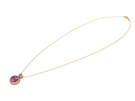 14k Rose Gold Stunning Amethyst, Diamond Halo And Tanzanite Pendant, With Chain