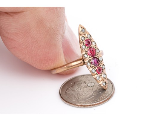 14k Yellow Gold Vintage Navette Profile Macle Cut Diamond And Ruby Ring , Size 2.75
