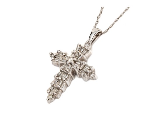 14k White Gold Striking Diamond Cluster Set Cross Pendant, App. 0.29 TCW, With Chain