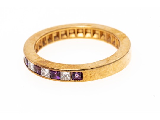 14k Yellow Gold Princess Cut Amethyst And Diamond Set Band Ring, App. 0.12 TCW, Size 6.75