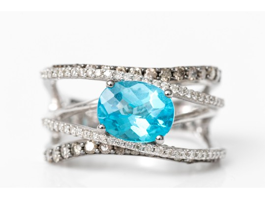 Levian 14k White Gold Blue Topaz And Diamond Ring, Diamonds App. 0.52 TCW, Size 7