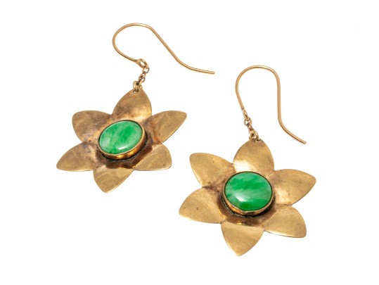 9k Yellow Gold Fun Nephrite Jade Set Chunky Flower Motif Earrings
