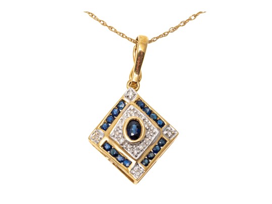 14k Yellow Gold Retro Sapphire And Diamond Set Pendant, With Chain