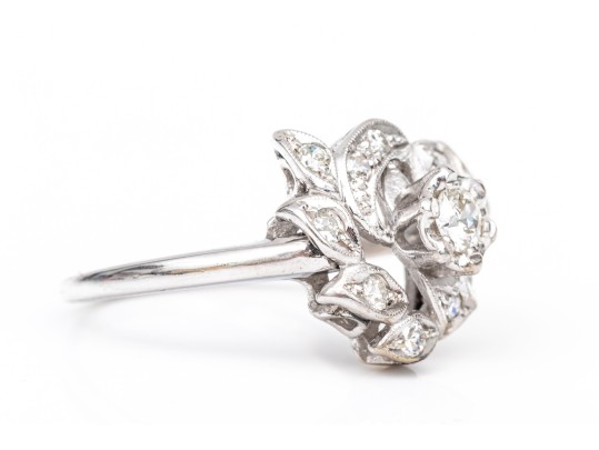 14k White Gold Vintage Diamond Cluster Ring, App. 0.41 TCW, Size 9.25