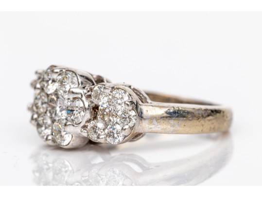 14k White Gold Beautiful Horizontal Diamond Cluster Ring, App. 0.74 TCW, Size 4.75