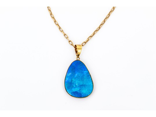 14k Yellow Gold Beautiful Freeform Blue Boulder Opal Doublet Pendant, With Chain
