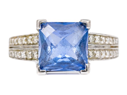 14k White Gold Synthetic Sapphire And Diamond Accent Ring, Size 7