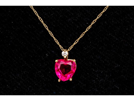 10k Yellow Gold Synthetic Ruby Heart And Cz Pendant, On A Gold Filled Chain