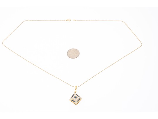 14k Yellow Gold Retro Sapphire And Diamond Set Pendant, With Chain
