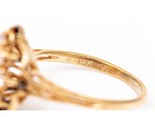14k Yellow Gold Lovely Vintage Elongated Diamond Cluster Ring, App. 0.18 TCW, Size 5.5