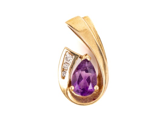 14k Yellow Gold Contemporary Pear Amethyst And Channel Diamond Swirl Pendant