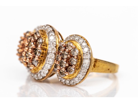 10k Yellow Gold Impactful Brown And White Diamond Cluster Dome Ring, App. 0.76 TCW, Size 6