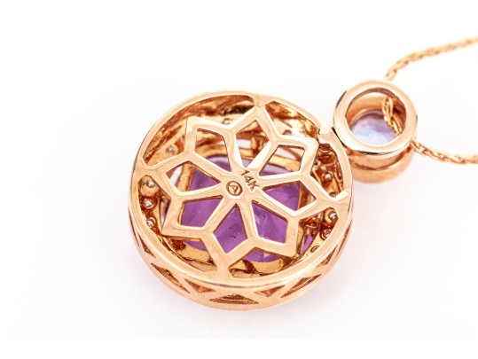 14k Rose Gold Stunning Amethyst, Diamond Halo And Tanzanite Pendant, With Chain