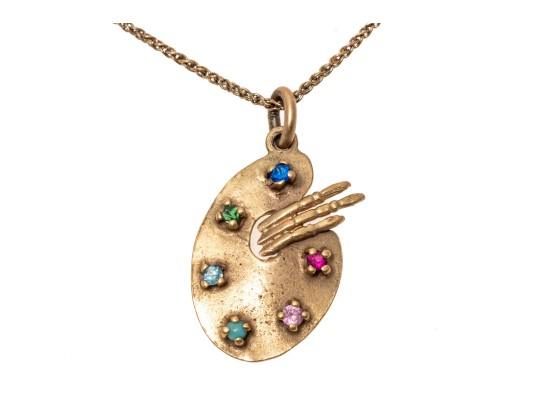 14k Yellow Gold Vintage Palette And Brush Pendant, With Chain