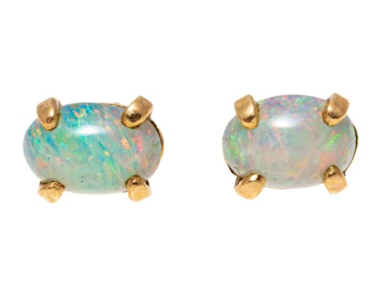 14k Yellow Gold Simple White Opal Stud Earrings