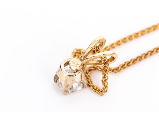 14k Yellow Gold Classic Diamond Solitaire Pendant, App. 0.19 CTS, With Chain