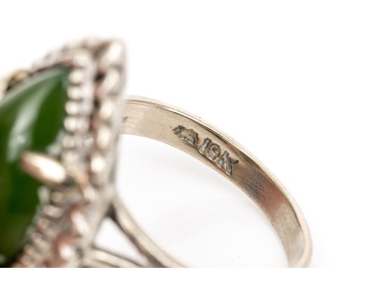 10k White Gold Marquise Cabachon Nephrite Jade Ring, Size 6