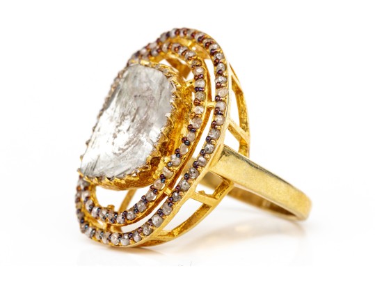 Sterling Silver Vermeil Fabulous Chunky Macle Cut Diamond Halo Ring , Size 8.25