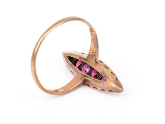 14k Yellow Gold Vintage Navette Profile Macle Cut Diamond And Ruby Ring , Size 2.75