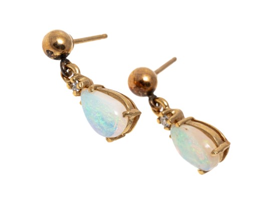 14k Yellow Gold Pretty Diamond Accented Pear White Opal Drop Pendant Earrings