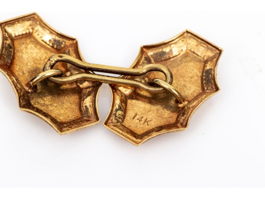 14k Yellow Gold Vintage Elongated Scalloped Edge Cufflinks, Loose Links Style