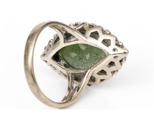 10k White Gold Marquise Cabachon Nephrite Jade Ring, Size 6
