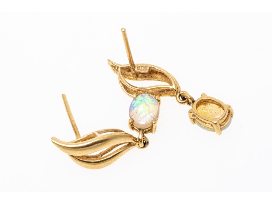14k Yellow Gold Retro Swirl And White Opal Drop Pendant Earrings