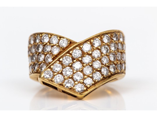 14k Yellow Gold Beautiful Pave Diamond Set Crossover Ring, App. 0.84 TCW, Size 3.75