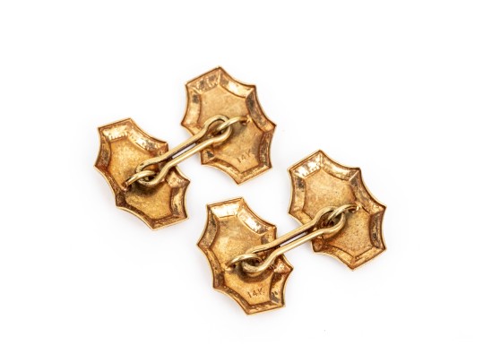 14k Yellow Gold Vintage Elongated Scalloped Edge Cufflinks, Loose Links Style