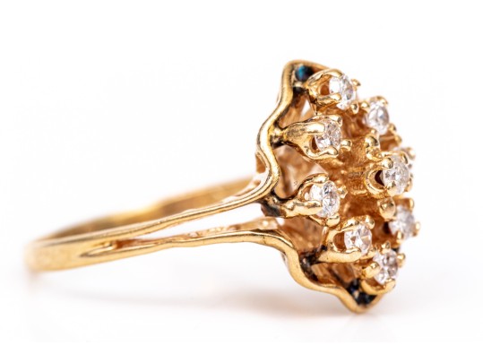 14k Yellow Gold Lovely Vintage Elongated Diamond Cluster Ring, App. 0.18 TCW, Size 5.5
