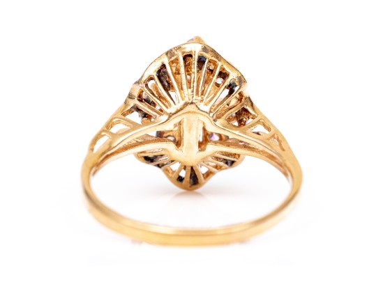 14k Yellow Gold Lovely Vintage Elongated Diamond Cluster Ring, App. 0.18 TCW, Size 5.5